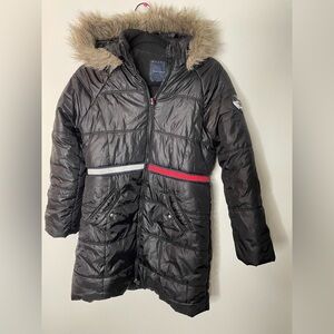 Tommy Hilfiger Youth Puffer Jacket Coat Long Faux Fur Hooded Black Size large